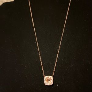 Rose Gold Plated Pave Square Pendant Necklace. 
Rose colored stone